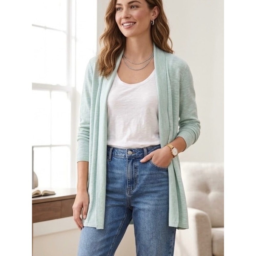 Eileen Fisher Organic Linen Cotton Open Front Cardigan Seafoam Green Large